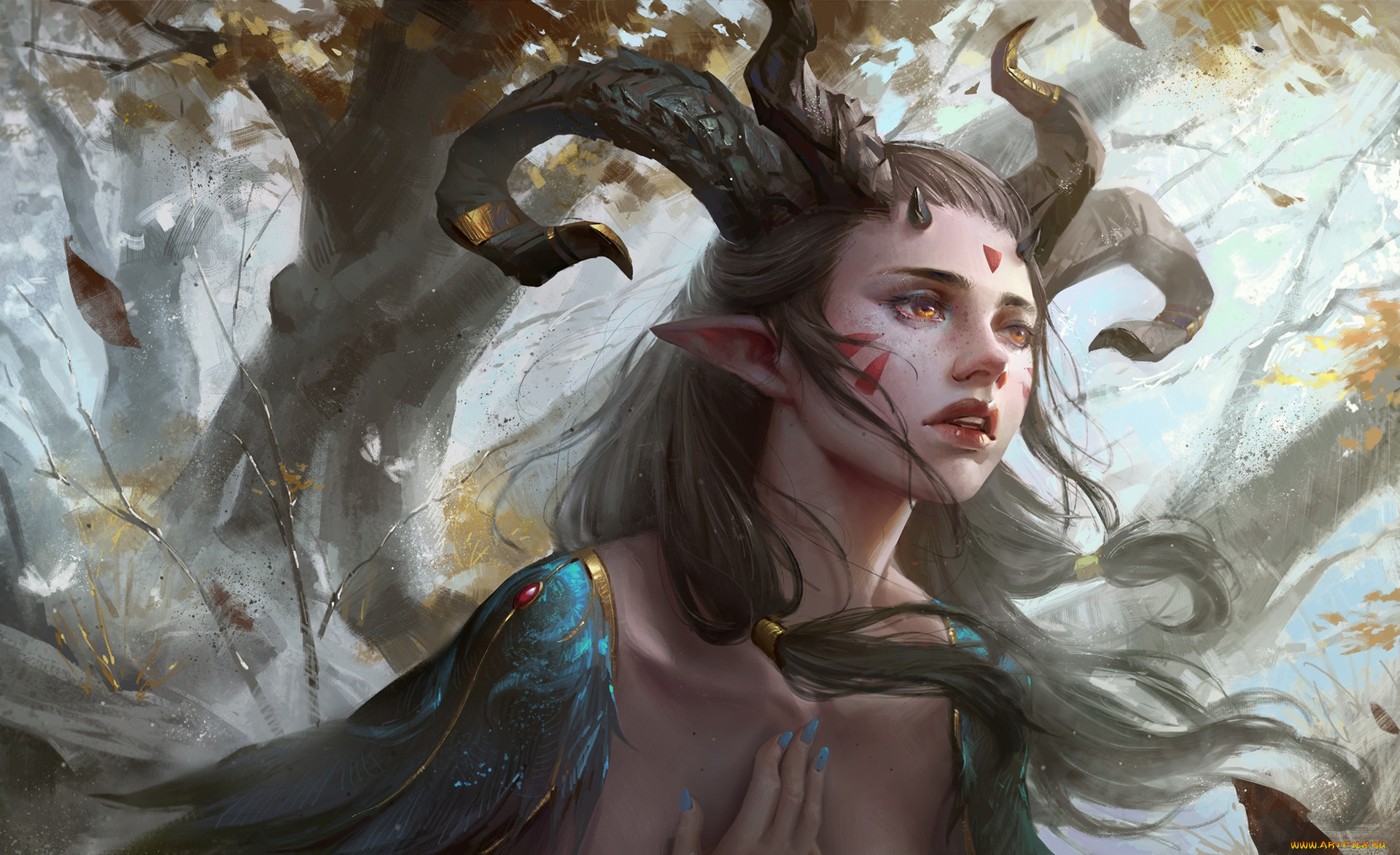 , , artwork, pointed, ears, painting, leaves, elf, fantasy, art, face, magic, tattoos, trees, yuanbin, hu, feathers, horns